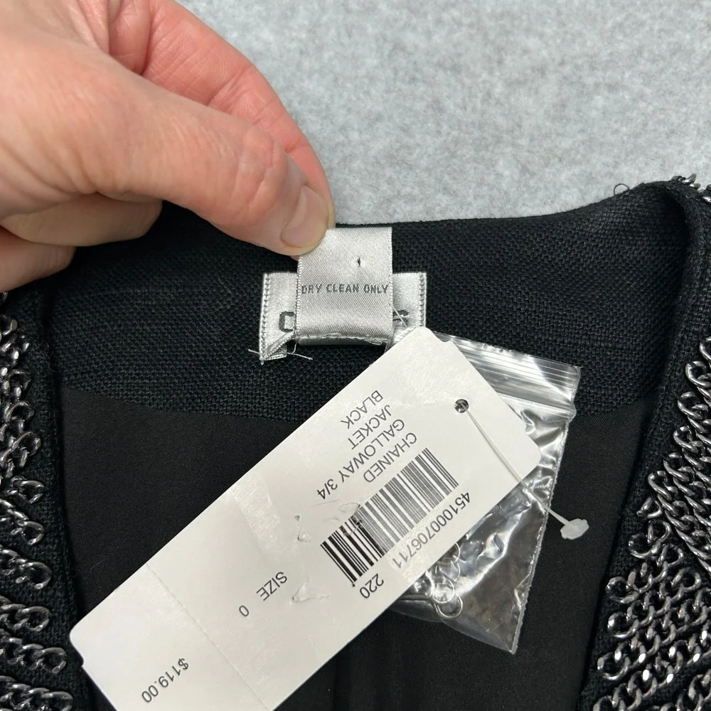 Chicos Chained Galloway 3/4 Jacket Black Linen Blend Silver Chain Size 0 / S NWT